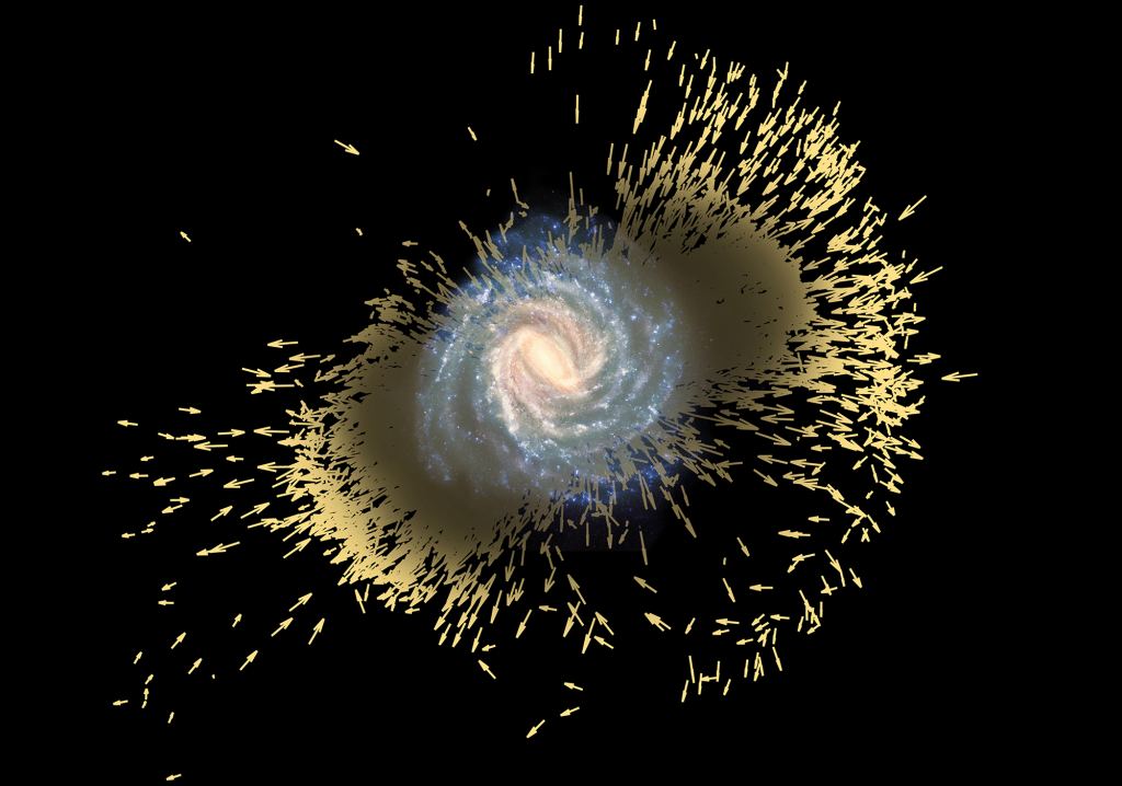 Gaia-Enceladus em uma simulação de uma fusão galáctica com a Via Láctea correspondendo aos dados de Gaia. Os remanescentes da fusão são encontrados em toda a Via Láctea. Crédito da imagem: ESA (impressão artística e composição); Koppelman, Villalobos e Helmi (simulação)