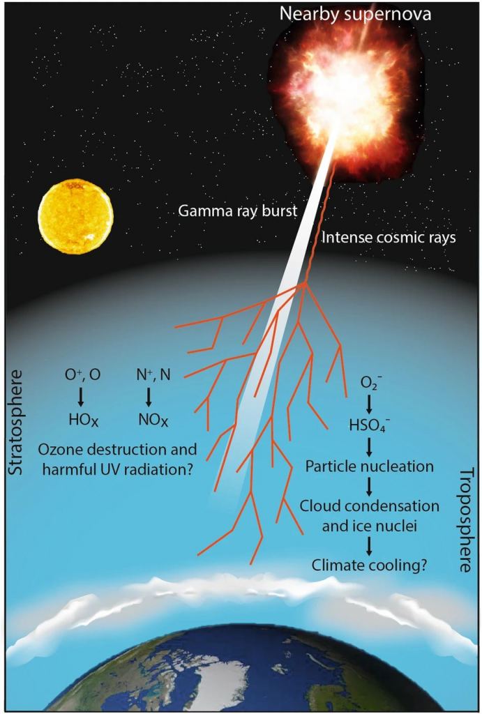 Este gráfico do artigo de pesquisa mostra os potenciais impactos atmosféricos e climáticos de uma supernova próxima. Os raios gama podem esgotar o ozônio, permitindo que mais radiação UV alcance a superfície da Terra. Alguma radiação UV é ionizante, o que significa que pode danificar o DNA. Os raios cósmicos também podem criar mais núcleos de condensação, o que significa mais nuvens e potencial resfriamento global, Crédito da imagem: Christoudias et al. 2024 