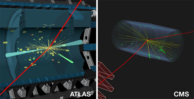 diagramas de linhas de decaimento de partículas em dois detectores Cern