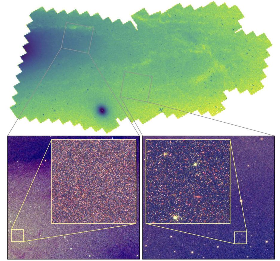 Esta figura da pesquisa mostra como a densidade estelar varia entre as regiões de Andrômeda. Os painéis ampliados destacam os ricos detalhes disponíveis na resolução HST total. Crédito da imagem: Chen et al. 2025.