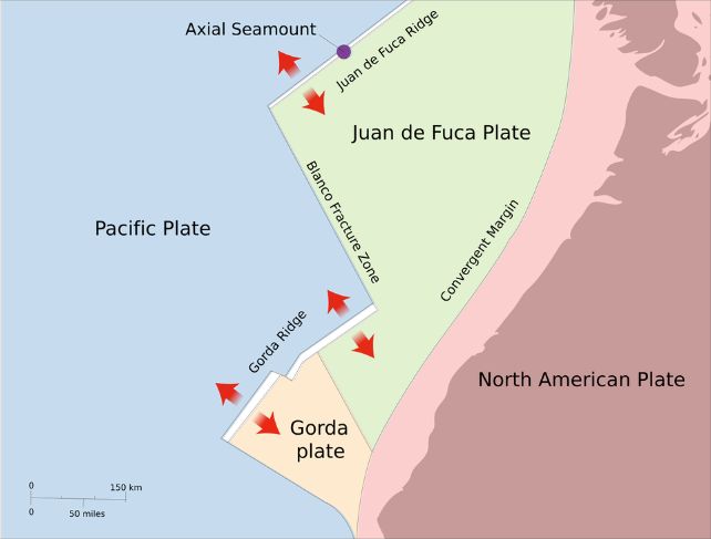 Mapa mostrando a localização do montante axial e as placas tectônicas circundantes