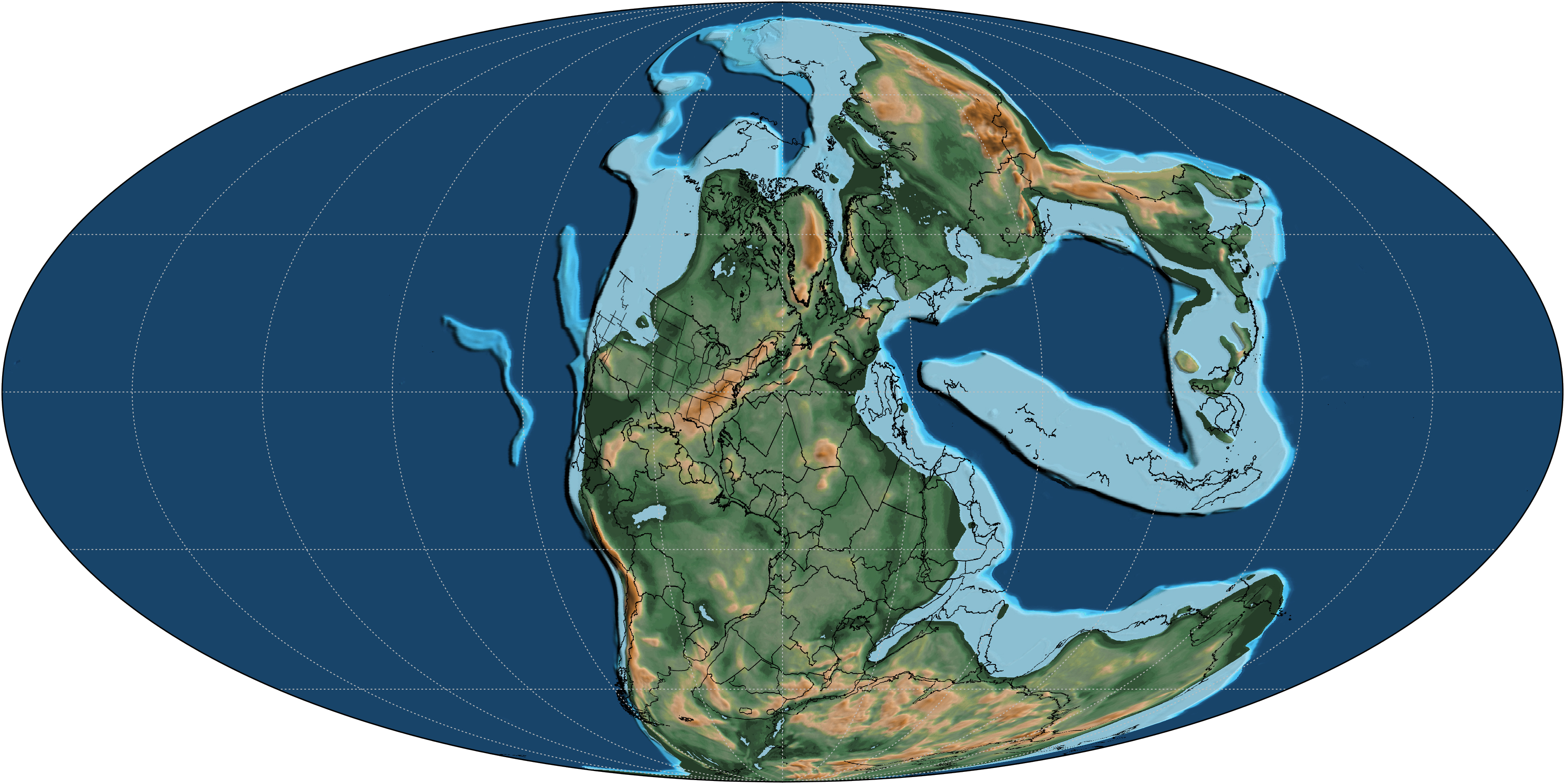 Uma forma oval azul representa a Terra há 250 milhões de anos, mostrando o supercontinente de Pangea correndo de pólo para polo 