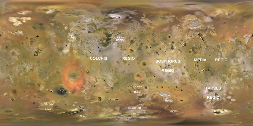 Um mapa de IO com recursos proeminentes rotulados. O novo hot spot está aproximadamente nas proximidades de Lerna Regio. Crédito da imagem: por NASA/JPL/USGS/JASON PERRY - https://astrogeology.usgs.gov/projects/jupitersatellites/io.html, domínio público, https://commons.wikimedia.org/w/index.php? curid = 9096280