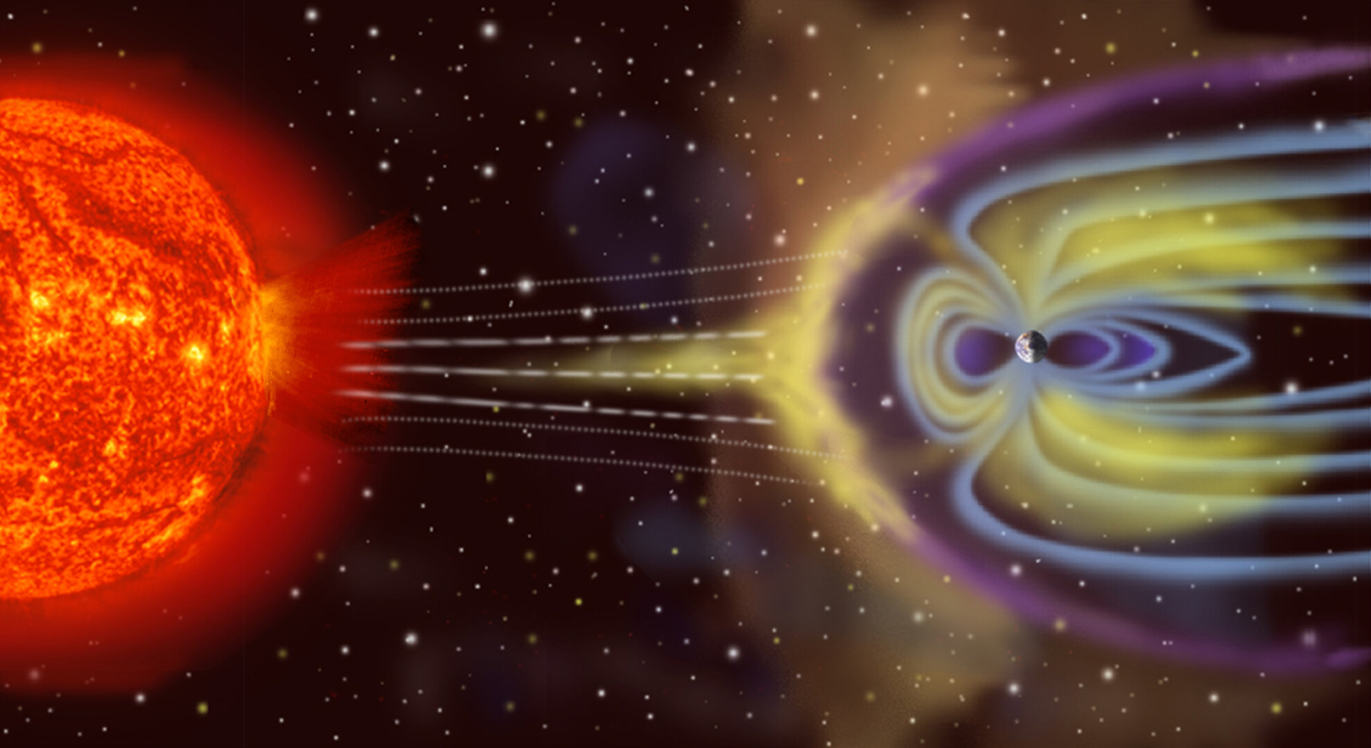 Ilustração da atividade do sol mexendo com a magnetosfera da Terra