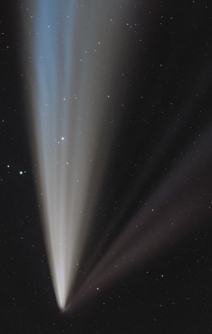 Foto de escala de grays Capturando as múltiplas caudas do cometa que descendo a imagem na frente de Starscape