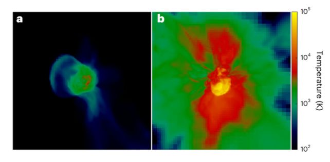 Mapas de calor de duas explosões de estrelas simuladas diferentes